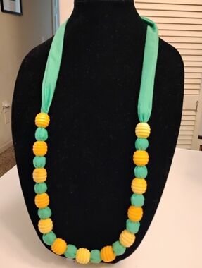 Green and Yellow Wooden Beaded Fabric Necklace Adjustable Homemade Stylish